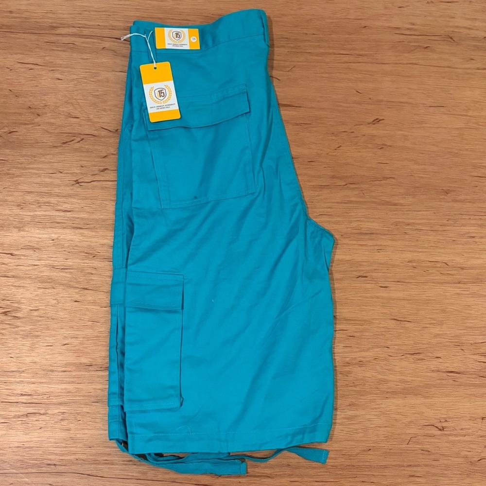 North 15 Mens Turquoise Blue Cotton Cargo Shorts Size 38 Drawstring Hem NWT